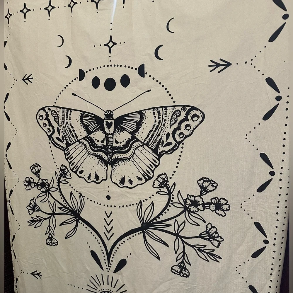 50” x 60” ivory tapestry- black moon, moth and flower pattern